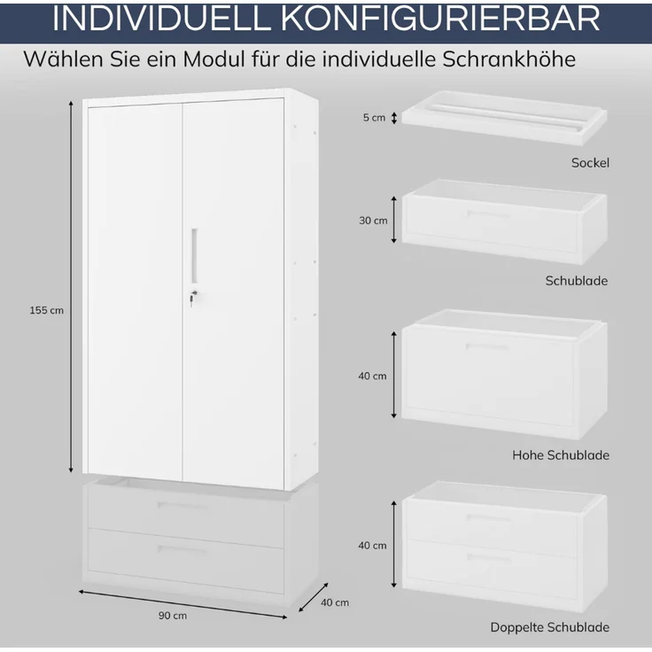 Metallschrank mit Hohe Schublade RUEL - 195x90x40cm Weiß | Büroschrank Aktenschrank Stahlschrank Fachbodenschrank Werkstattschrank – Bild 2