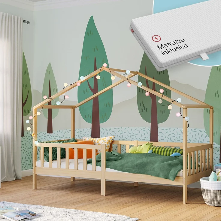 Bellabino 'Bia' Hausbett 90x200 cm mit Matratze, natur, Kiefer Massivholz, Montessori Kinderbett mit Rausfallschutz und Lattenrost – Bild 1
