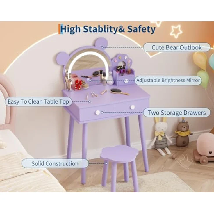 GarveeLife Schminktisch für Kinder, Mädchen, mit Spiegel & LED-Licht in 3 Farben mit 2 Schubladen, für Kinder von 3 – 8 Jahren, 55 x 38 x 101 cm – Bild 4