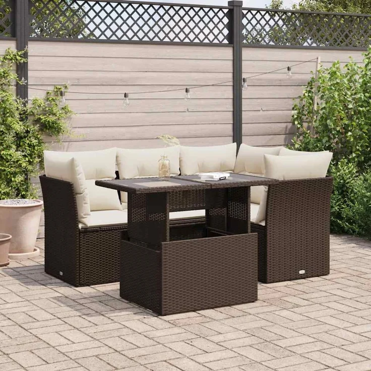vidaXL 5-tlg. Garten-Sofagarnitur mit Kissen Braun Poly Rattan 3326154 – Bild 1