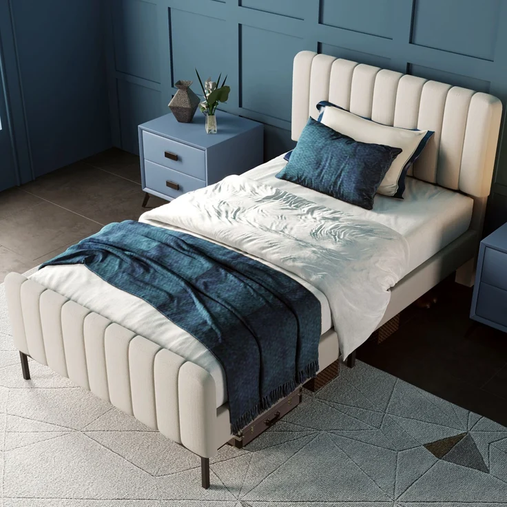 Polsterbett 90x200 cm mit höhenverstellbarem Kopfteil, stabilem Metallrahmen & Holzlatten, Stoff Grau-Beige,inklusive Matratze – Bild 3