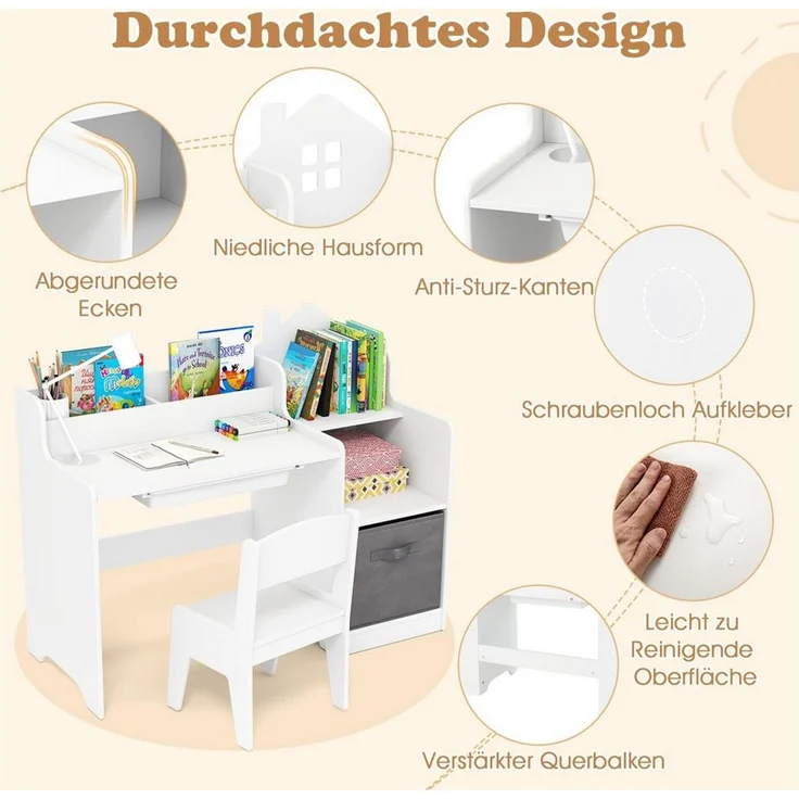 COSTWAY Kinderschreibtisch (2-St), mit Stuhl, Schülertisch mit Stauraum, Schublade – Bild 2