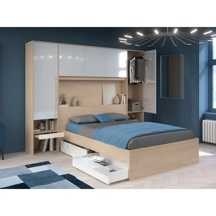 Vente-unique - VELONA Bett Holz, Platte BeigeWeiß - B 233 cm x H 202,8 cm x L 265,2 cm – Bild 3