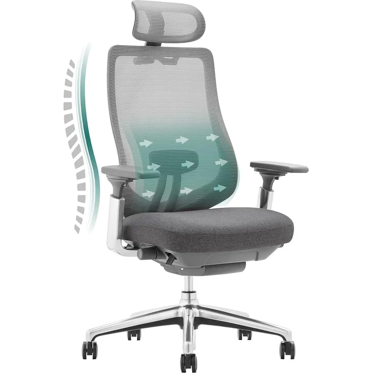 COLAMY Ergonomischer Netz-Bürostuhl, Hochleistungs-Computer-Chefschreibtischstuhl mit verstellbarem Kopfstütze und 4D-Armlehnen, Schiebesitz, Neigungssperre, Dunkelgrau