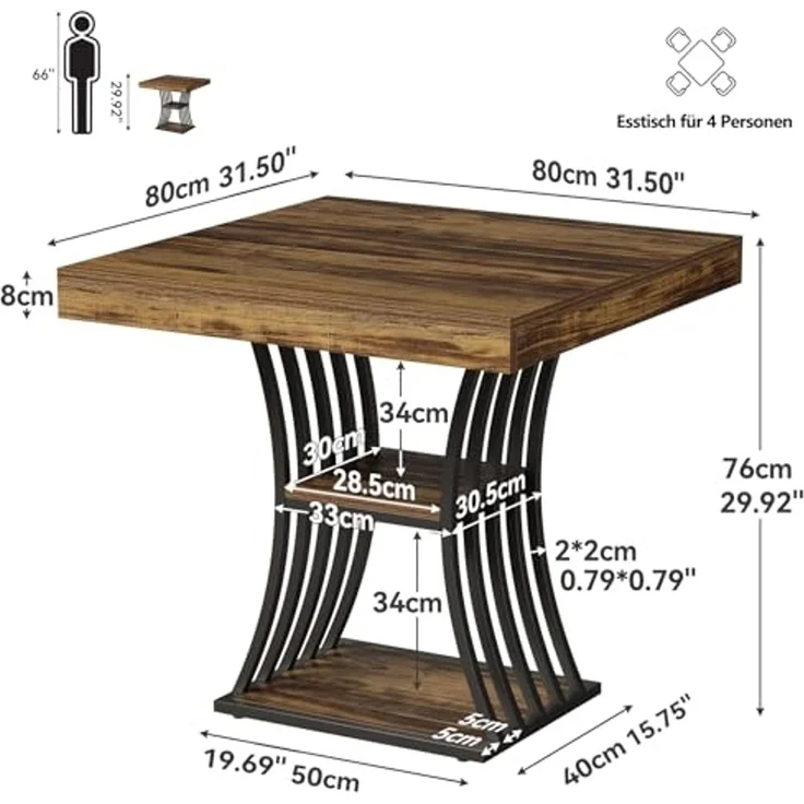 LITTLE TREE 31,5-Zoll-Quadratischer Esstisch für 2 Personen, 2-stufiger Küchentisch im Industriestil mit Stauraum, Metallgestell für Esszimmer, Wohnzimmer, kleine Räume (Braun und Schwarz) – Bild 3
