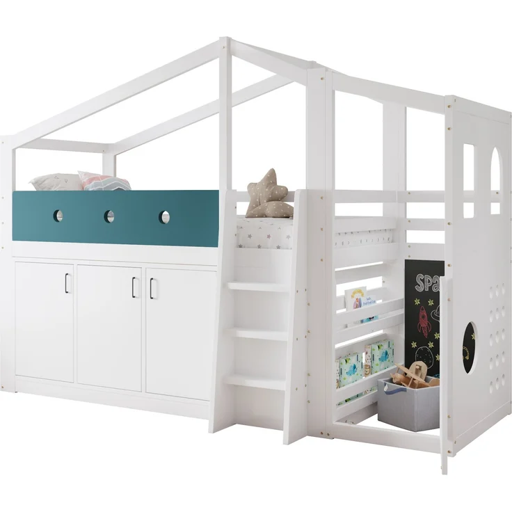 Halbhohes Kinderbett 90x200 cm in Hausform mit Spielbereich und Stauraumschrank – weiß – Bild 5