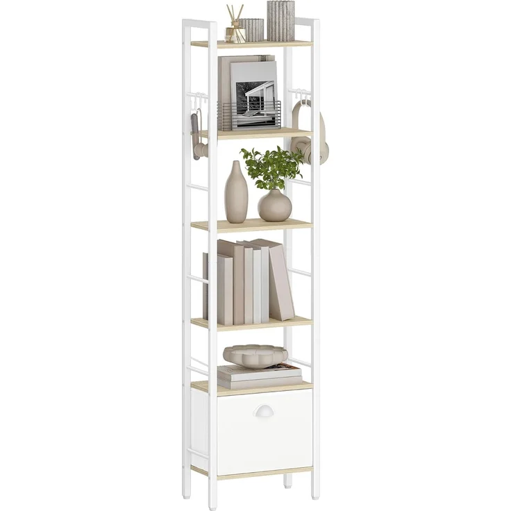 Bücherregal, 6 vertikale Regale mit 1 Zusammenklappbare Stoffschubladenund 4 Haken, offene Regale, Metallrahmen, geeignet für Arbeitszimmer, Wohnzimmer Weißeiche – Bild 2