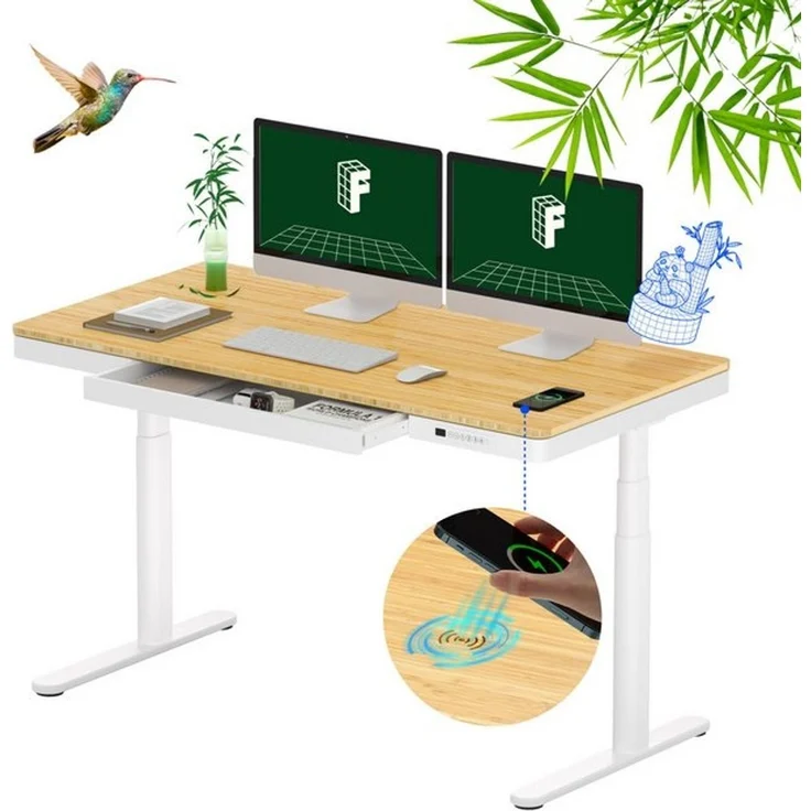 FLEXISPOT Schreibtisch Höhenverstellbarer Schreibtisch MIT Schubladen (mit kabellosem Laden, 4 Memory-Tasten, Schublade & Kabelmanagement), Doppelmotor, 3-stufige Beine, 140x70cm Bambusplatte, einfache Montage – Bild 4