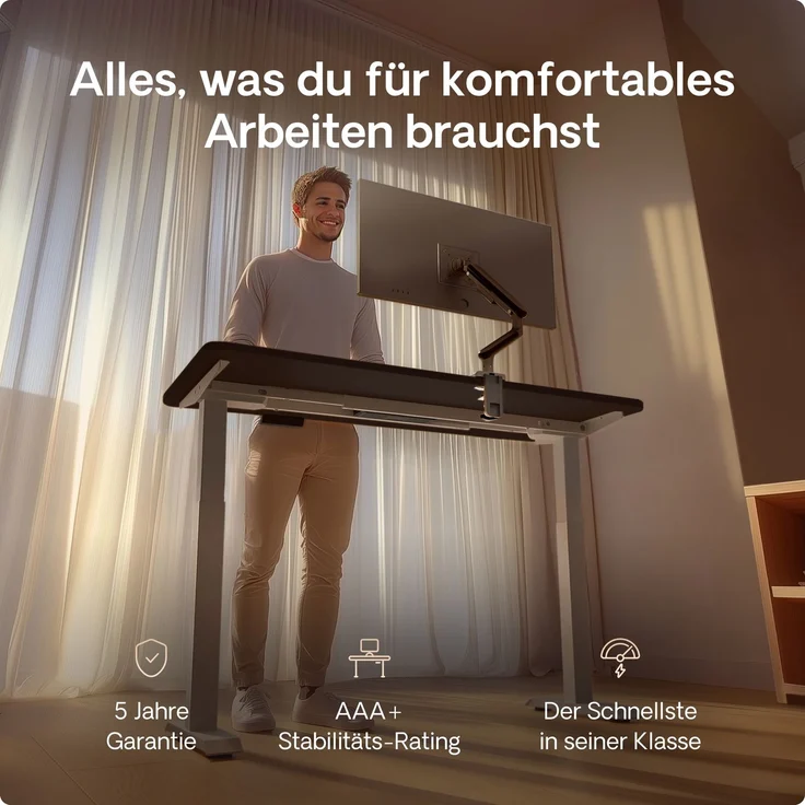 Desktronic HomeOne Elektrisch höhenverstellbarer Schreibtisch 120x60cm Grau/Schwarz mit Memory-Funktion, Anti-Kollisions Technologie, USB-A und USB-C-Ladeanschlüssen – Bild 2