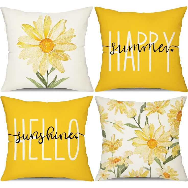 Sommer Kissenbezüge 45×45 cm 4er-Set Gelbe Gänseblümchen, “Hello Sunshine”, Outdoor Sofa Deko – Bild 1