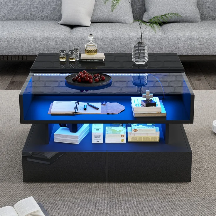 Couchtisch mit hydraulischer Hubfunktion und LED-Beleuchtung, Hochglanz Oberfläche, 2 Schubladen & gehärtetem Glas,Schwarz – Bild 4