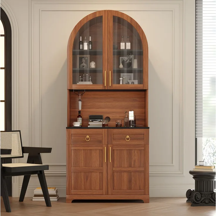 Sideboard 80 x 40 x 180 cm in Nussbaum mit Glasvitrine, Arbeitsfläche und LED-Beleuchtung