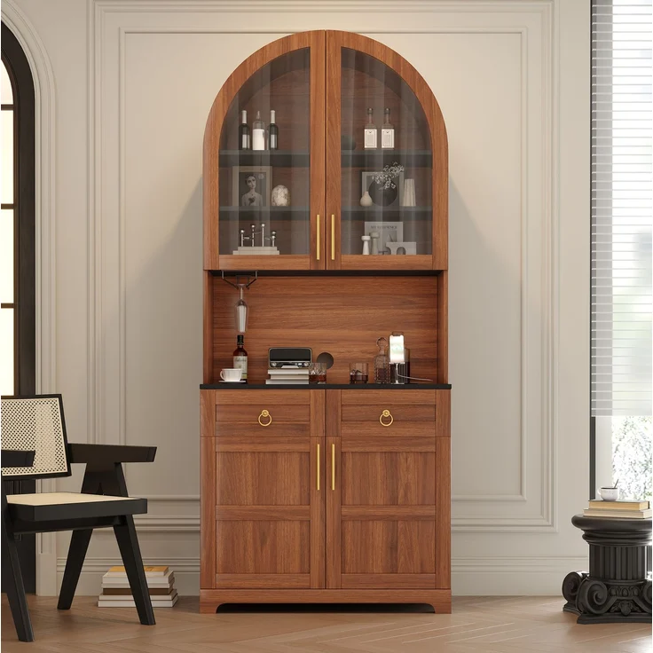 Sideboard 80 x 40 x 180 cm in Nussbaum mit Glasvitrine, Arbeitsfläche und LED-Beleuchtung – Bild 1