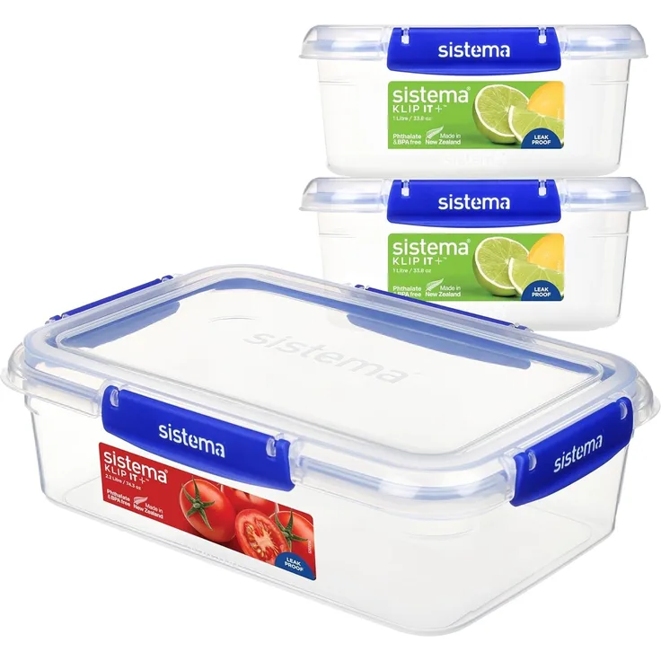 Sistema KLIP IT PLUS auslaufsichere Vorratsdosen | 2x1L & 2,2 L | luftdichte und stapelbare & ineinander stellbare Frischhaltedosen für Meal Prep mit Deckel | Brotdosen für Pause | BPA-frei, 3 Stück