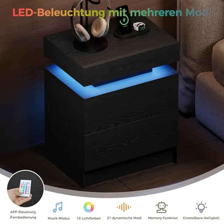 IRONCK Nachttisch Schwarz mit LED-Licht & Ladefunktion, Beistelltisch mit USB+Typ-C Anschlussen, Nachtschrank mit 2 Schubladen, Sofatisch für Schlafzimmer, Wohnzimmer, 35 x 48 x 60 cm – Bild 5