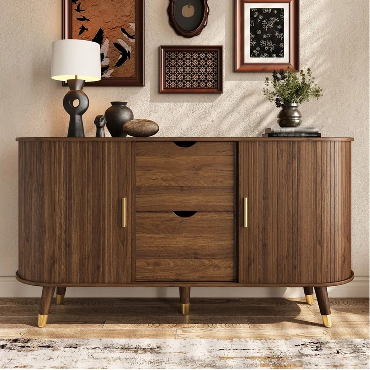 MODFU Sideboard 140x79,5x40 cm Wohnzimmer-Sideboard in vertikaler Maserung (Packung, 1 St, Praktisch mit Schiebetüren und Massivholzbeinen), Abgerundeter Eckschrank mit zwei Schubladen – Bild 5