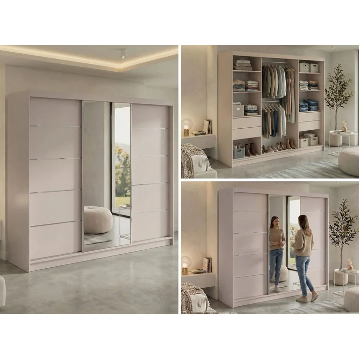 Schwebetürenschrank SKORIA mit großer Spiegelfront, Breite 240 cm, moderner Kleiderschrank, inkl. Innenausstattung und Stauraum - Kaschmir - mit Schubladen – Bild 2