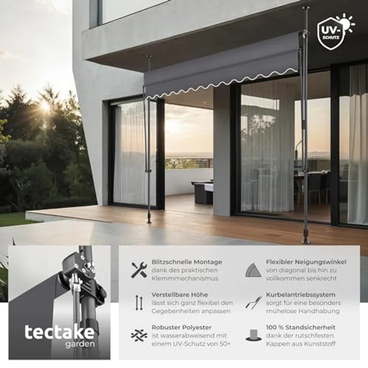 tectake® Klemmmarkise mit Handkurbel, Balkon Markise ohne Bohren, Markise höhenverstellbar, UV-beständig, wasserabweisend, Terrassenüberdachung, Sonnenschutz Terrasse & Balkon, 300 cm - schwarz/grau – Bild 3