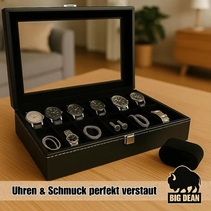 BigDean Uhrenbox für 12 Uhren Glasdeckel - schicke Uhrenbox Herren Watch Box (Packung, 1 St, Uhrenbox), Edle Optik, Kunstleder, Sammler, Samtfutter – Bild 2
