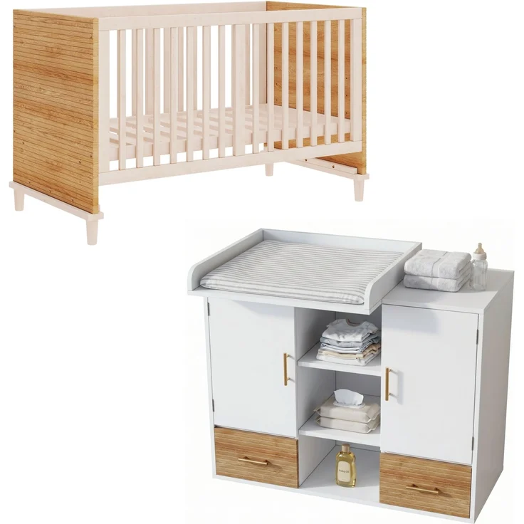 Merax Wickeltisch & Gitterbett Set, Babyzimmermöbel, Kinderzimmermöbel, Baby-Wickeltisch (114 x 53 x 92 cm), Wickelablage, abnehmbares Wickelgeländer, Babybett (70 x 140 x 87 cm), natur – Bild 10