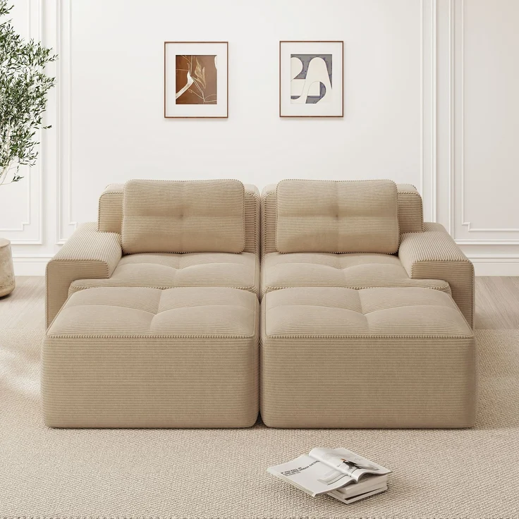 Cloud Modulsofa Boneless U-förmiges Sofa,bequemes Corduroy-Cloud-Sofa Modulares Sofa mit Ottoman Modulares Zweisitzer-Sofa 2-Sitzer Sofa mit Tiefem Sitz für Wohnzimmer Montagefreies Sofa,Corduroy,Beige, – Bild 2