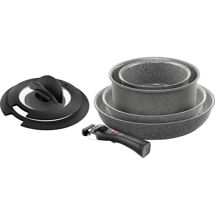 BALLARINI Torre Bratpfannen-Set und Stieltopf, 7 tlg, Keramikbeschichtung, Induktionsgeeignet, Abnehmbarer Griff, zwei Deckel mit einklappbaren Griffen, Aluminium, Grau