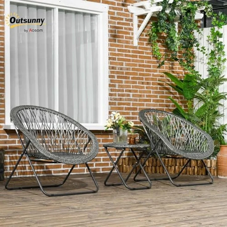 Outsunny Sitzgruppe Klappbar Sitzgarnitur mit Couchtisch 2 Stühlen, (Balkonmöbel, 3-tlg, Gartensitzgruppe), für Balkon, Terrasse, Grau – Bild 2
