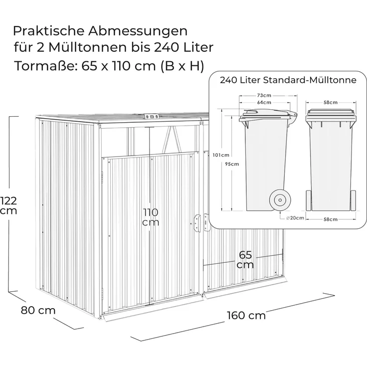 Mülltonnenbox Eco Duo 2 Mülltonnen 240 Liter 160 cm Stahl Anthrazit – Bild 3