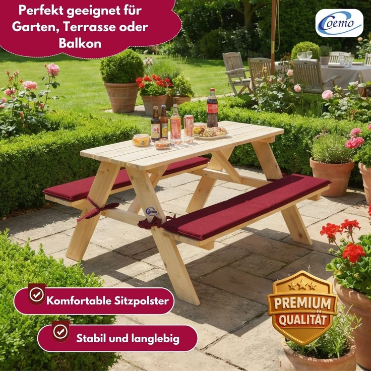 Coemo Kinder-Sitzgruppe Natur Picknicktisch mit Polster Spieltisch Gartentisch Holz – Bild 3