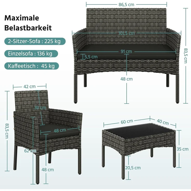 Yaheetech Balkonset Gartenmöbel-Set 4-er Set Rattanmöbel für 4 Personen, Gartengarnitur aus Zweisitzer-Sofa & 2 Einzelsofas & Kaffeetisch – Bild 3