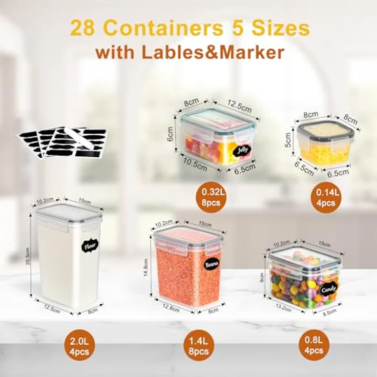 GoMaihe Vorratsdosen 28 Set, Aufbewahrungsbox Küche Organizer, Luftdicht Vorratsbehälter Plastik mit Deckel, Vorratsdose für Müsli Mehl Kaffeebohnen Cornflakes Aufbewahrung, 2L 1.4L 0.8L 0.32L 0.06L – Bild 4