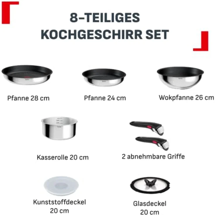 Tefal Ingenio Comfort Max 8-tlg. Kochgeschirr-Set, Titanium Antihaftversiegelung, stapelbar, platzsparend, Thermo-Signal, für alle Herdarten, sicherer Griff, mühelose Reinigung, Edelstahl, L966S844 – Bild 8