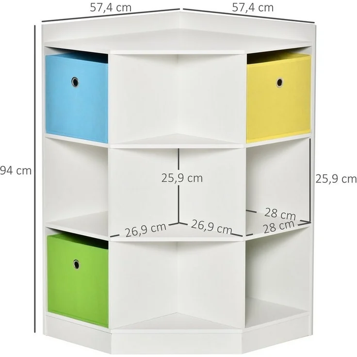 HOMCOM Kinderregal Spielzeugablage, Eckregal mit 3 Aufbewahrungsboxen 1-tlg, für Kinderzimmer, für 3-12 Jahre Kinder, Weiß – Bild 2