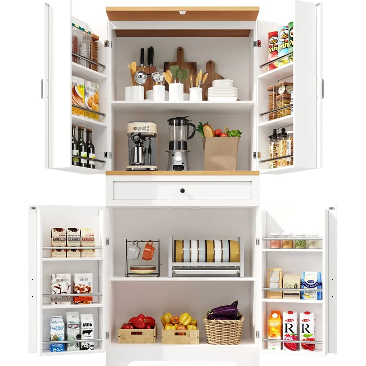MODFU Hochschrank Küchenschrank,Vitrinenschrank,Buffetschrank (mit 12 Türfächern & Schubladen, 4-stufiges verstellbares Snack-Regal, Anti-Kipp-Schutz, 1-St, 80x40x180cm)