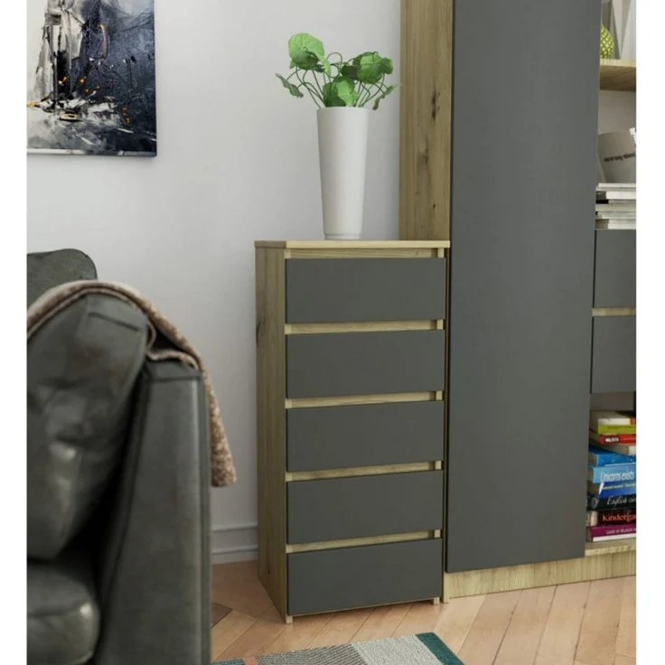 Home Collective Kommode 40 cm breit Holz Highboard Sideboard für Flur Schlafzimmer Wohnzimmer (Mehrzweckschrank Schrank schmal Kommode Schlafzimmer mit Schubladen), Kinderzimmer Organizer, 92 cm hoch mit 5 Schubladen Artisan Eiche-grau – Bild 4