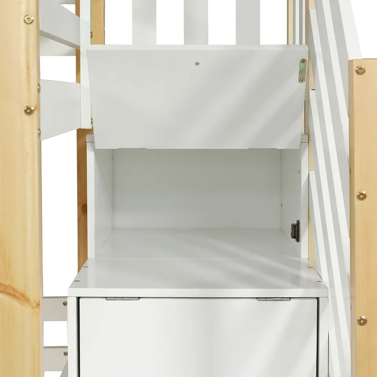 Etagenbett / Hausbett 90 × 200 cm – mit seitlicher Aufbewahrungstreppe, Dach mit Rundöffnung & Fenster, Weiß&Natur – Bild 9