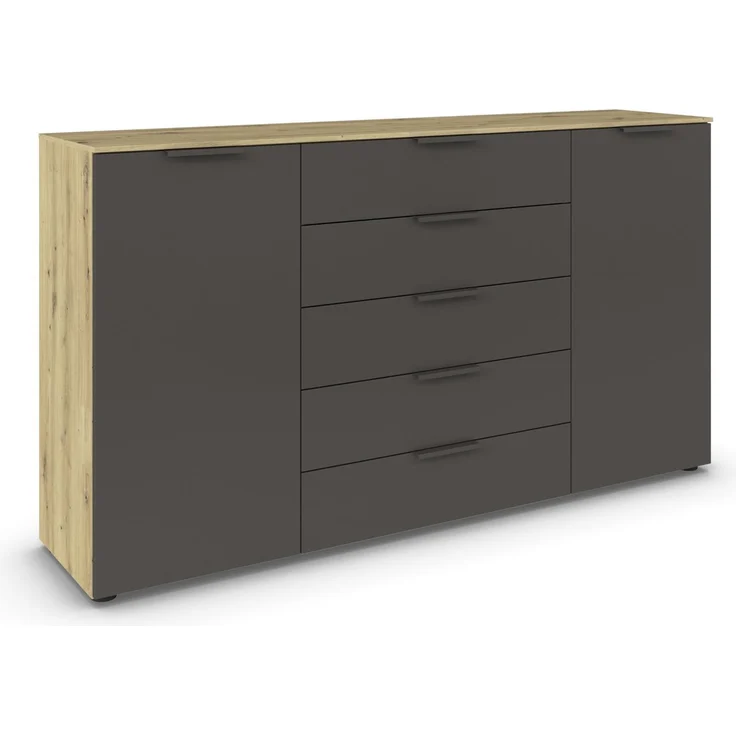Rauch Möbel Flipp, Kommode für Schlafzimmer, Kinderzimmer, Wohnzimmer, Flur, Garderobe, 2-türig, 5 Schubladen, mit Softclose-Funktion, Farbe Eiche Artisan, Holz/Graphit, Schwarz, Breite 180 cm – Bild 1
