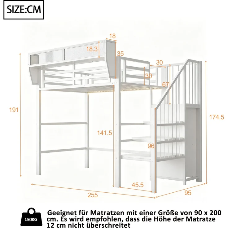 ZUBALIYA Hochbett 90 × 200 cm, Metall, LED-Beleuchtung, Leiter, Weiß – Bild 10