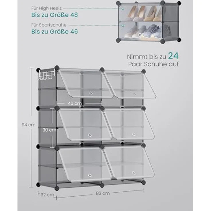SONGMICS Schuhregal mit 6 Fächern, Schuhschrank, 30 x 40 x 30 cm pro Fach, schmal, mit Türen, Stahlrahmen, Kunststoff, für Flur, Schlafzimmer, Eingangsbereich, schiefergrau LPC033G01 – Bild 4