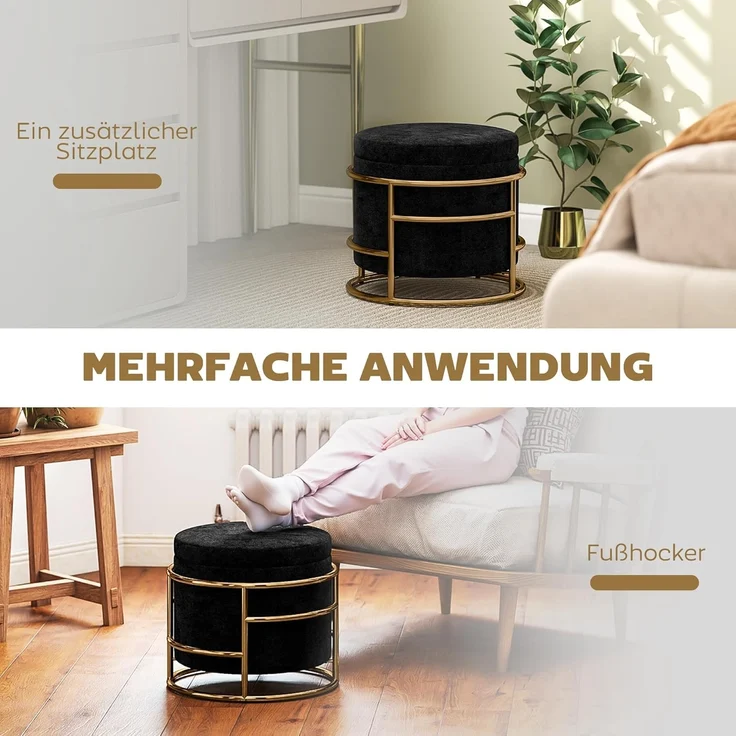 HOMCOM Sitzhocker mit Stauraum, Kleiner Hocker mit Deckel (Fußhocker, 1 St, Polsterhocker mit Stahrahmen), für Wohnzimmer Schlafzimmer, 42 x 42 x 39 cm, Schwarz – Bild 5