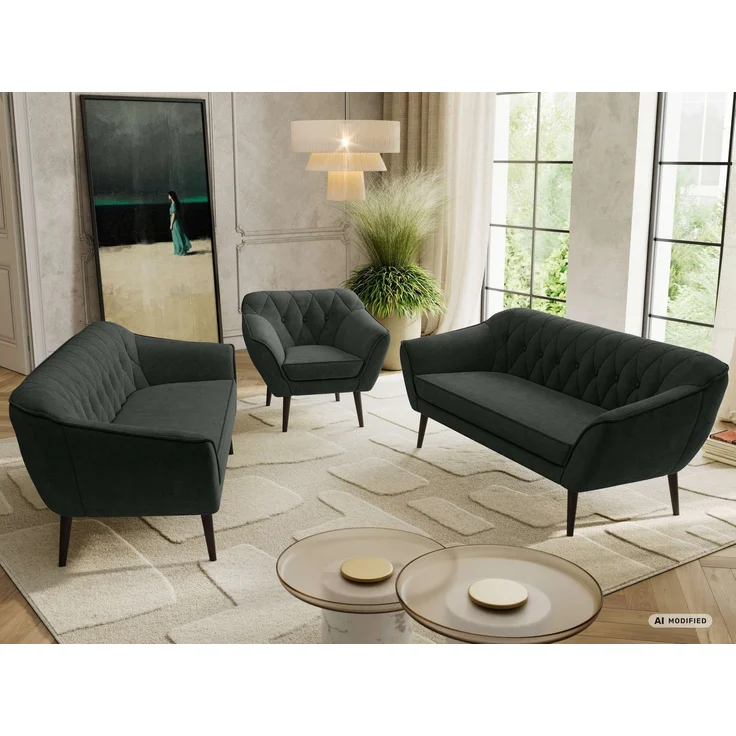 Wohnzimmerset, Möbelset PIRS 3-3-1, Armlehnen, Wellenfederung, schwarze Füße, Dreisitzer Sofas mit Sessel, Polstermöbel Set - Dunkelgrau Stukture – Bild 5