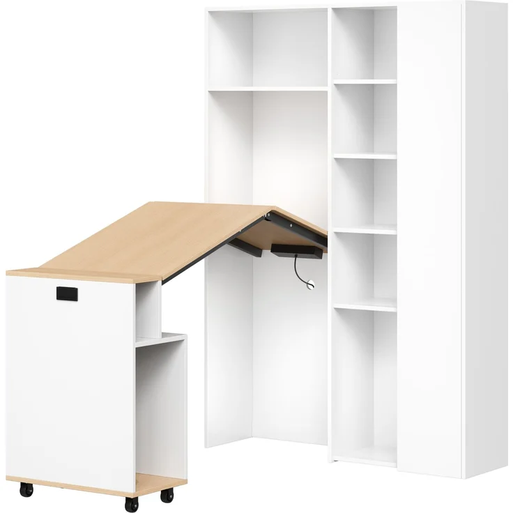 Klappbarer Schreibtisch mit Ablagen –2-in-1-Bücherregal und Schreibtisch, klappbar, mit Steckdose und USB-Anschluss, höhenverstellbare Ablagen, Kippschutz, weiß-Schreibtisch,Eck-Schreibtisch-rechts – Bild 9