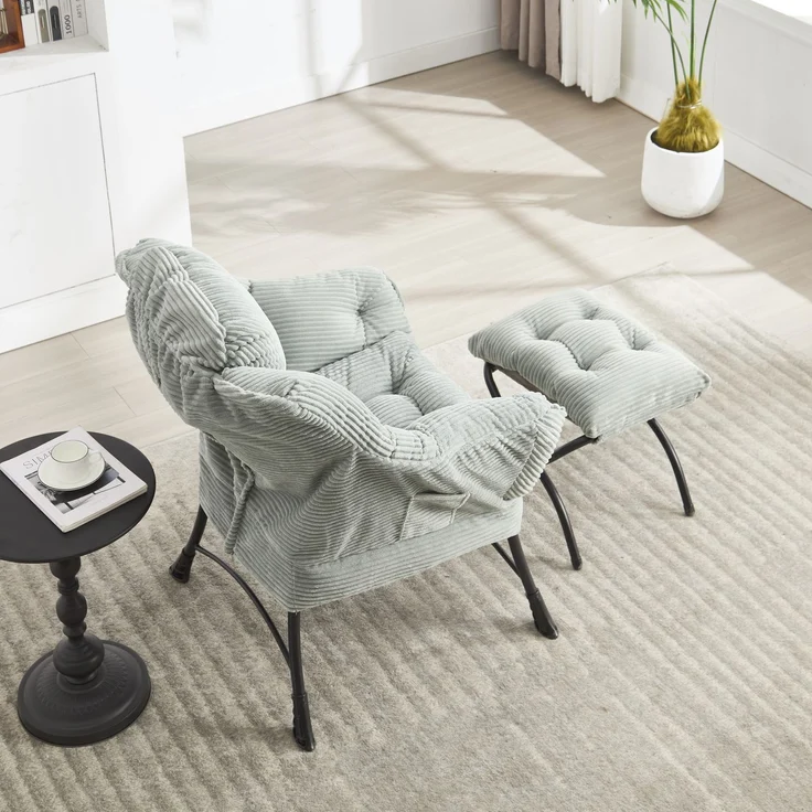 Flieks Loungesessel mit Hocker, ergonomischer Ohrensessel mit Stahlrahmen, weicher Cordstoff, Seitentasche, graugrün – Bild 5