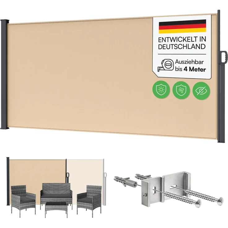STEELSØN 'Zirella' Seitenmarkise mit Aluminium-Kassette, ausziehbar, 160x400 cm, beige/anthrazit, Windschutz, wetterfest und blickdicht – Bild 1