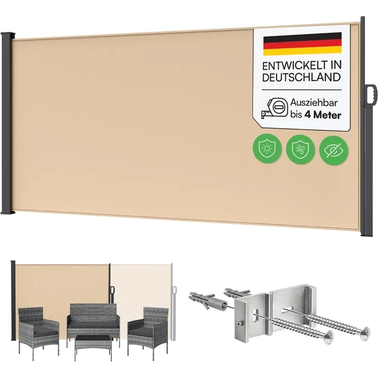 STEELSØN 'Zirella' Seitenmarkise mit Aluminium-Kassette, ausziehbar, 160x400 cm, beige/anthrazit, Windschutz, wetterfest und blickdicht