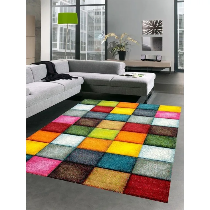 Carpetia Teppich Teppich modern Teppich Wohnzimmer Karo bunt gelb rot blau grün, rechteckig, Höhe: 13 mm