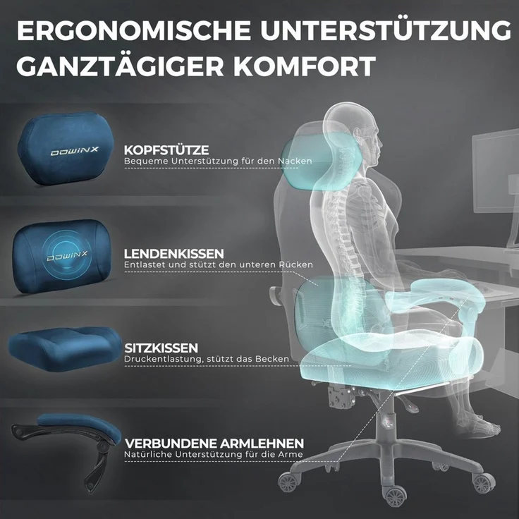 Dowinx Gaming-Stuhl Atmungsaktiver und Ergonomischer Bürostuhl aus Mikrofaser-Velours (Packung), Weiches Sitzgefühl, Verstellbarer Schreibtischstuhl mit Fußstütze – Bild 3