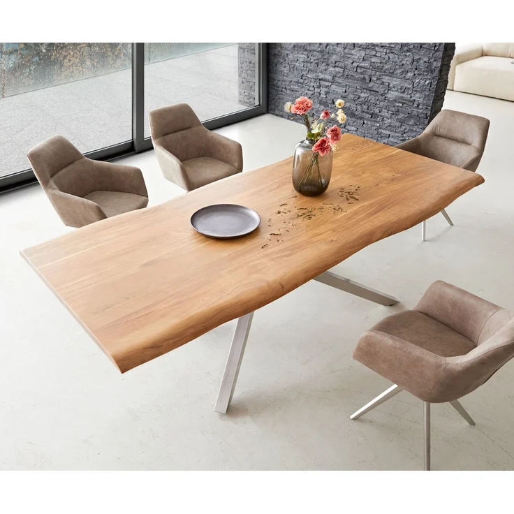 Esstisch Edge 240x100 Akazie Natur Kreuzgestell Rechteck Edelstahl Live-Edge – Bild 4