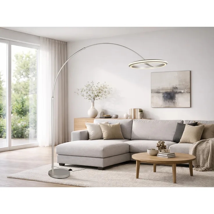 Große LED Bogenlampe AMADOR dimmbar aus Metall Silber, Höhe 205cm