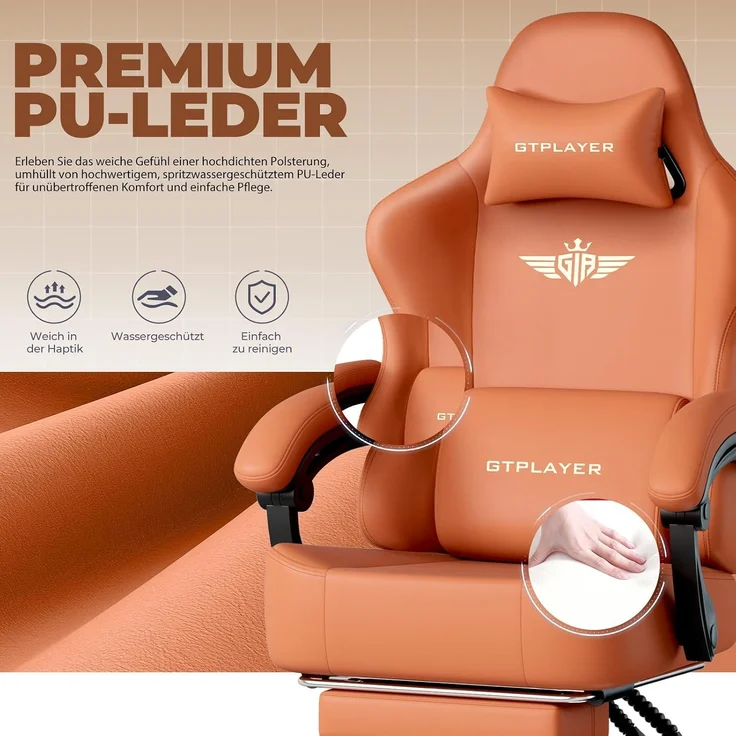 GTPLAYER Gaming Stuhl, Atmungsaktiver Bürostuhl,bürostuhl ergonomisch, Hochwertiger - Kunstleder,Ergonomischer PC Stuhl, 160° Verstellbare Rückenlehne und ausziehbare Fußstütze,Tragkraft 180 kg,Orange – Bild 4